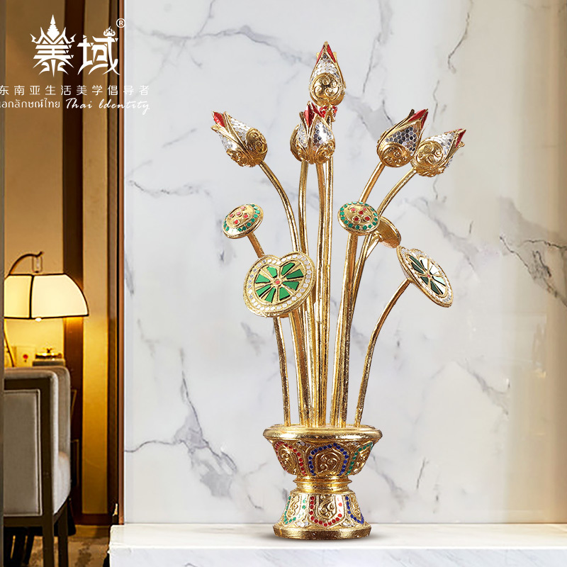 Tai Domain Thai Gold Lotus Living Room Decoration Swing Piece Southeast Asian Customs Gold Leaf High-end Atmosphere Wood Carving Craft Gift Hem Accessories