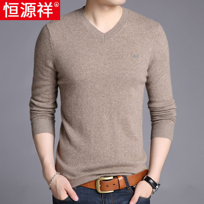 Hengyuanxiang tinh khiết cashmere áo len nam V cổ áo dày ấm giản dị cổ áo cashmere tim gà đan áo len mặc trung niên nam giới.