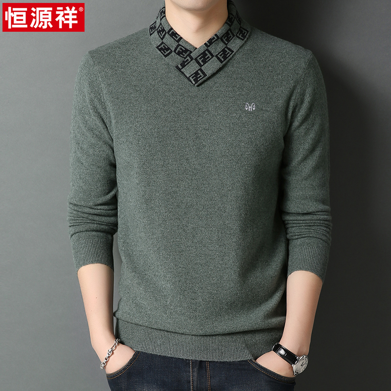 Constant source Xiang sweater male V collar with wool warm and gush thickened blouses middle-aged men loose base-knitted sweatshirt