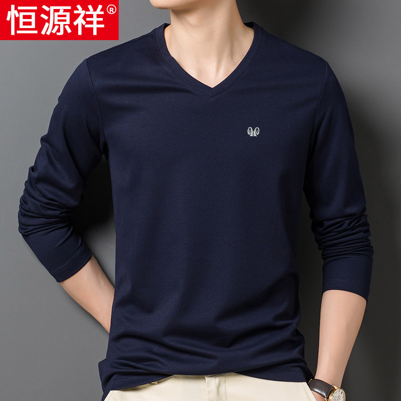 Hengyuan Xiang Man Long sleeves T-shirt Spring and autumn thin section V collar casual blouse men's pure color V collar down to bottom-shirt tide