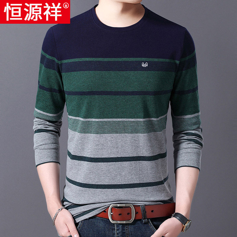 Hengyuanxiang men's long-sleeved T-shirt round neck pure cotton stripes autumn thin middle-aged trend collarless dad T-shirt