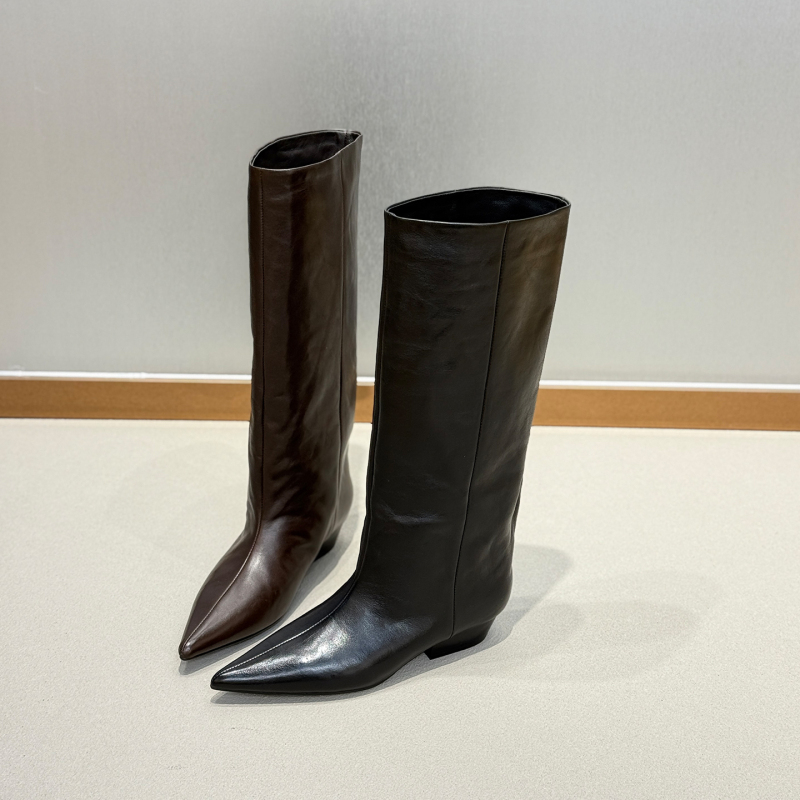 Slimming and Leg-Lengthening Effect | Calfskin Pointed-Toe Low-Heeled High Boots for Women 2026 Autumn and Winter New Style Riding Boots Knee-High Boots