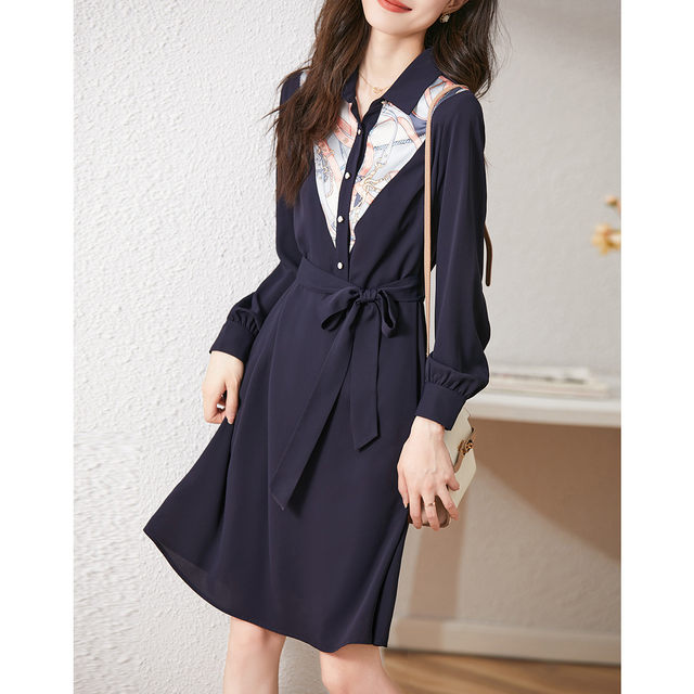 Long-sleeved dress women's spring and autumn new retro silk scarf splicing lapel temperament slim waist mid-length shirt skirt