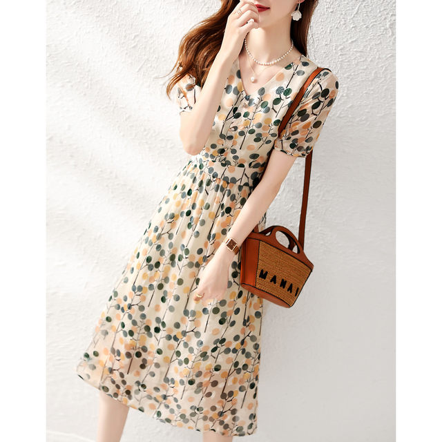 Floral short-sleeved dress women's summer new French temperament V-neck print slim fit slim foreign style exquisite a-line skirt