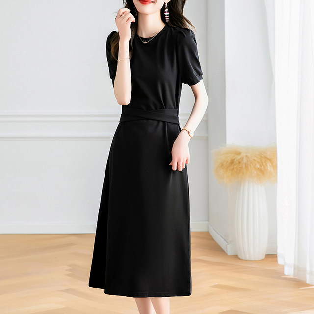 French short-sleeved dress women's summer new fashion temperament round neck elegant black waist slimming a-line skirt