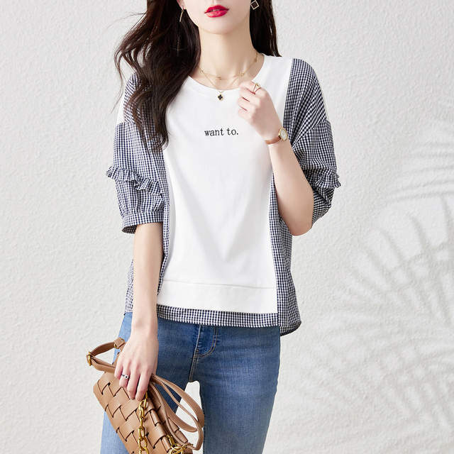 Short-sleeved t-shirt women's summer 2023 loose and thin fashion stitching contrast color simple casual literary plaid top T-shirt