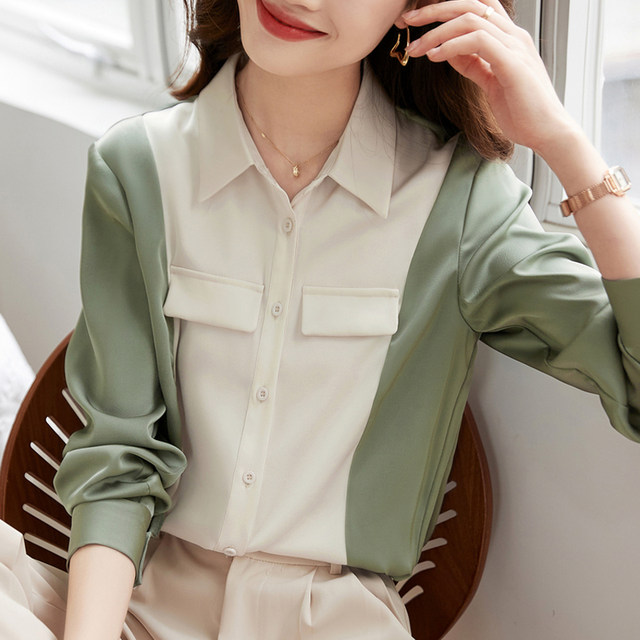 Long-sleeved simple shirt women's spring and autumn new color contrast stitching satin high-quality texture lapel all-match shirt top