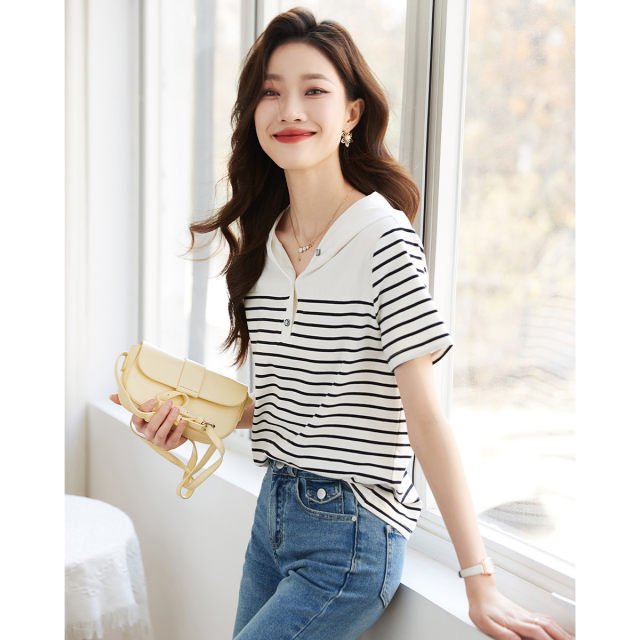 Striped hooded short-sleeved T-shirt women's summer new simple texture casual all-match stitching thin top T-shirt