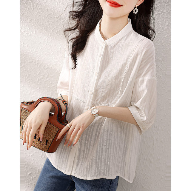 Design sense five-quarter-sleeved shirt women's spring and summer new fashion simple all-match shirt sweet and thin casual top