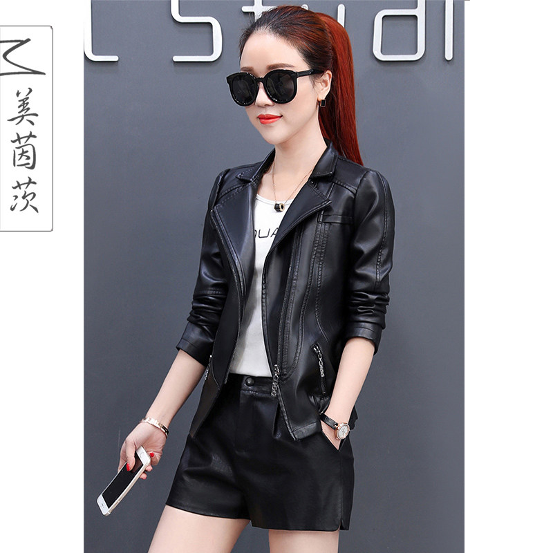 pu leather jacket women's short spring and autumn 2022 new Korean style fur coat slimming motorcycle suit leather jacket fashion top
