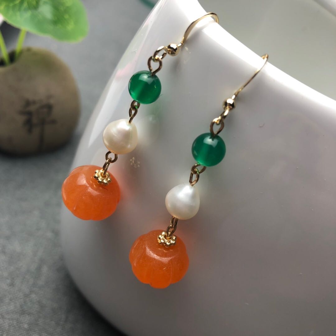 Gold silk jade pearl 14k gold bag earrings Hanfu cheongsam accessories earrings retro temperament niche super fairy