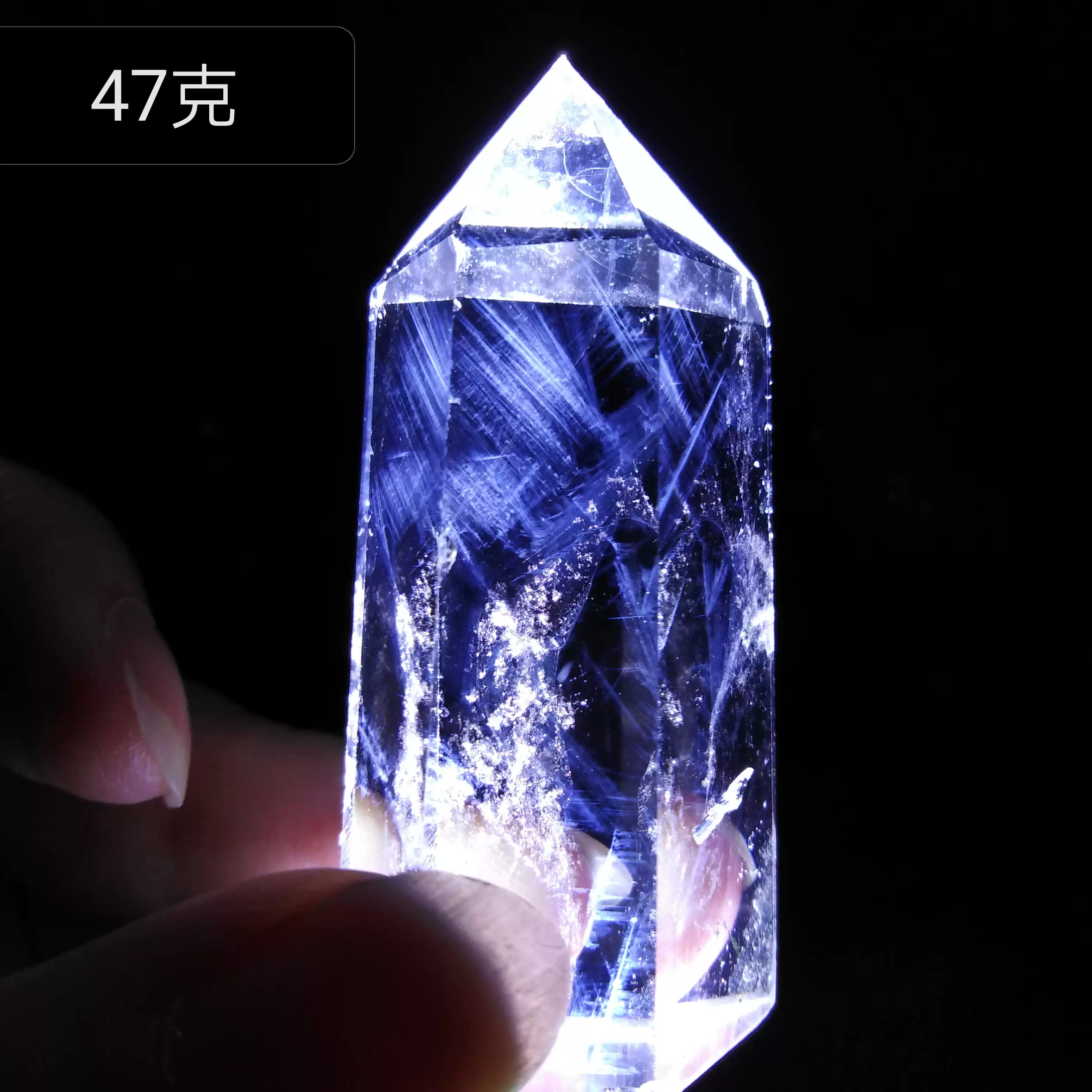 天然白水晶單尖柱包裹藍針六棱柱消磁晶石強光紅針擺件