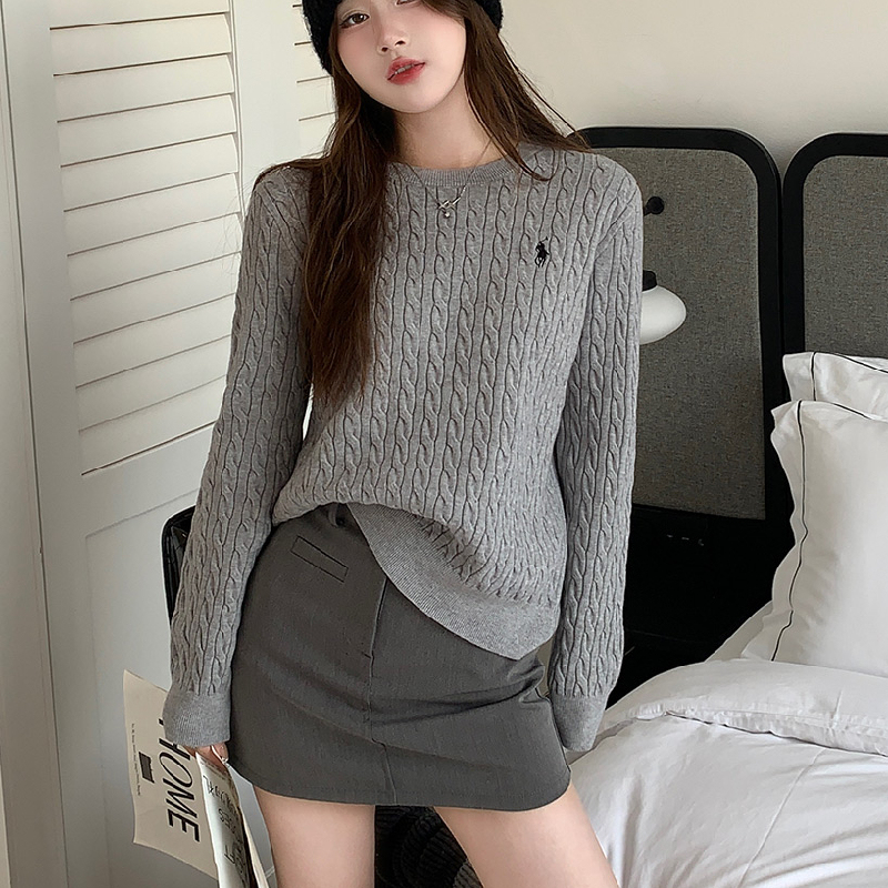 Apricot-Colored Twist-Knit Sweater for Women, Early Autumn Design with Embroidered Gray Sweater, Loose Pullover, Long-Sleeved Top