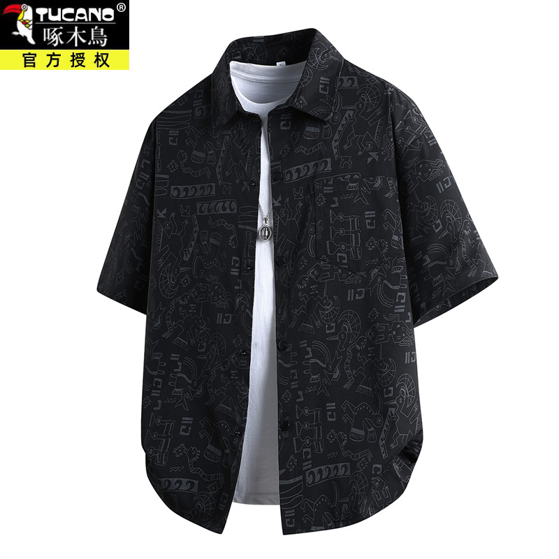 Woodpecker Short-Sleeved Shirt for Men, Summer Trendy Brand, Cool and Loose, Plus Size, Versatile, Youth Fashion Shirt