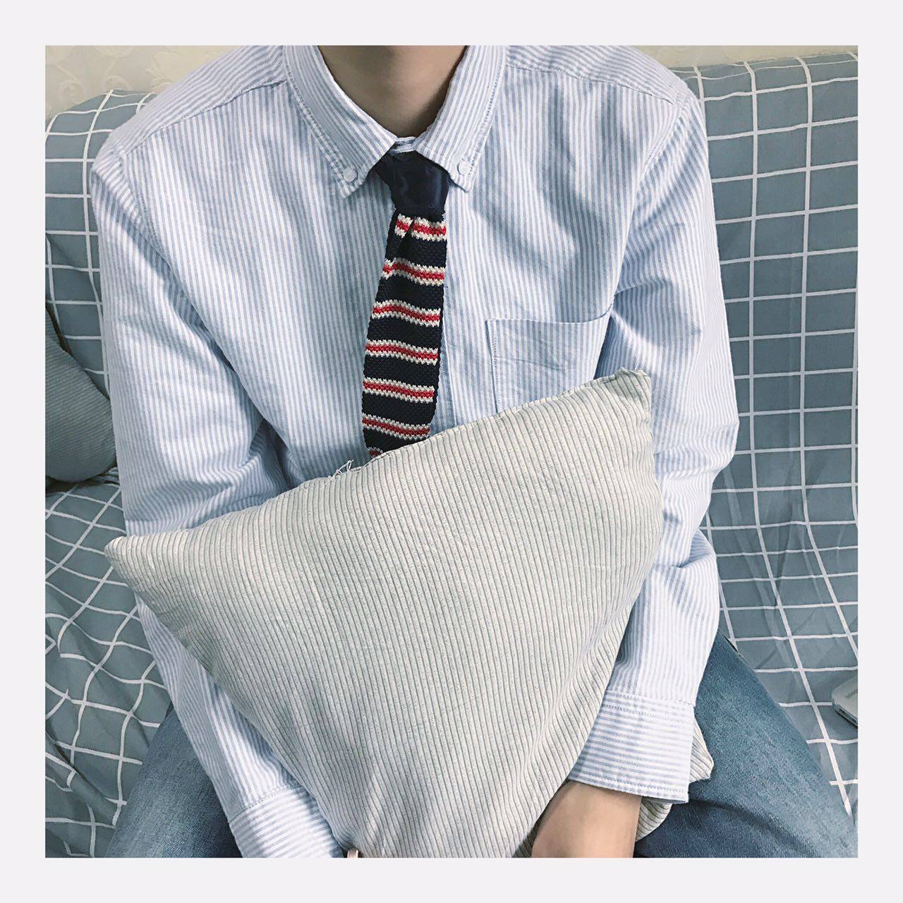 春秋季日系蓝白条纹衬衫男长袖纯棉牛津纺简约宽松休闲衬衣潮les