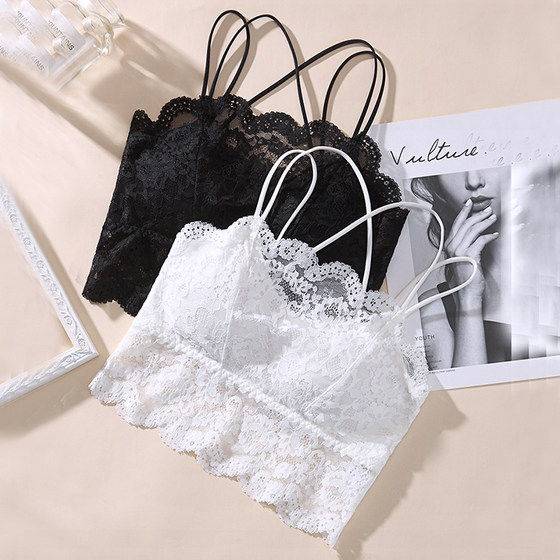 One-word flat collar anti-exposure lace wrap bra tube top female summer student cross beauty straps chest pad camisole underwear