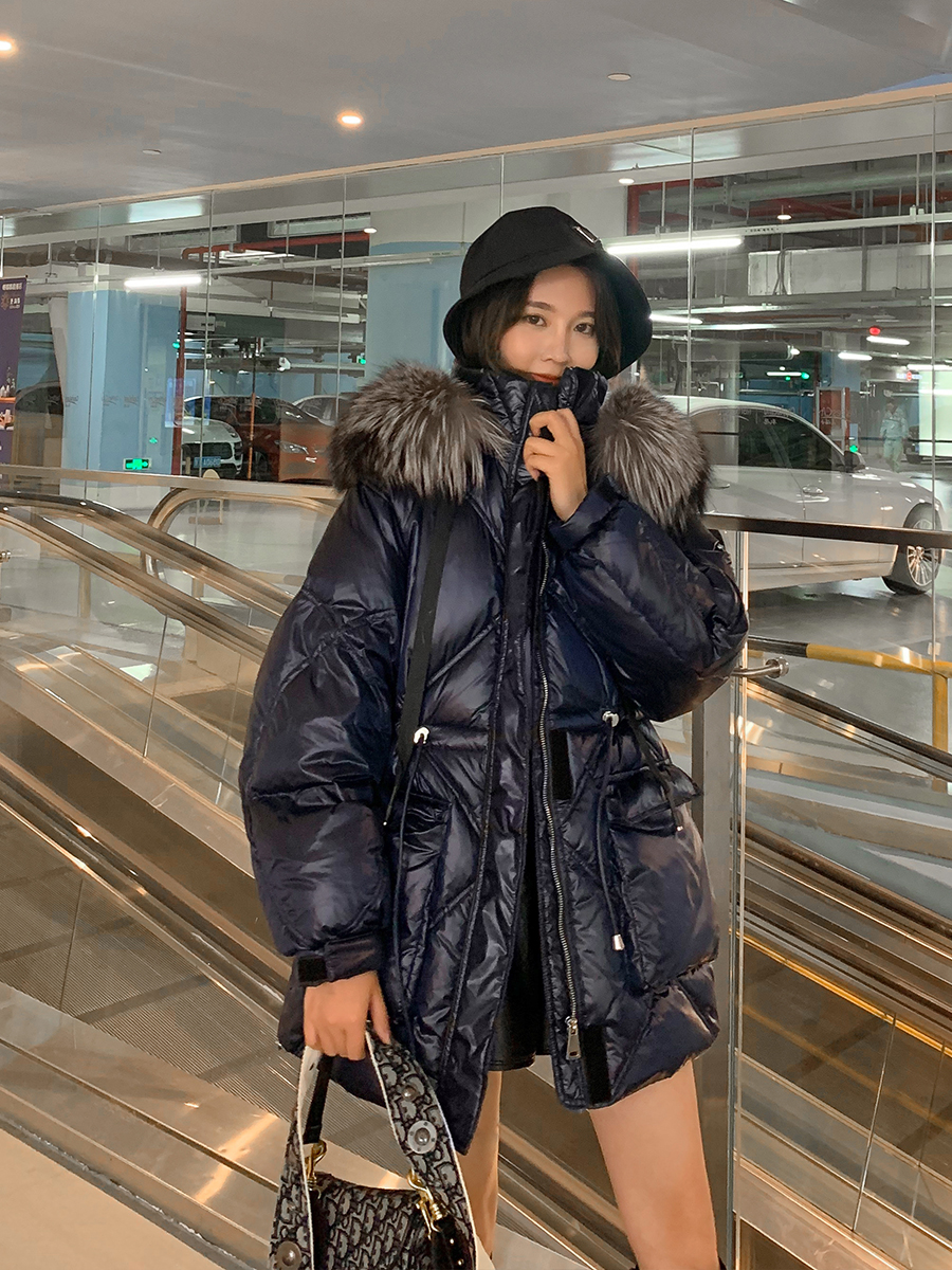 2022 winter new shiny down padded jacket women's mid-length version loose waist bread jacket padded jacket padded jacket tide