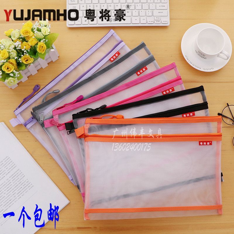 A4 Small Fresh-Style Transparent Nylon Mesh File Bag, Double-Layer Document Bag, Receipt Student File Bag, Office Bag, Medical Record Bag