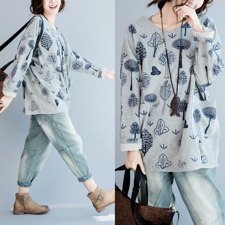 2020 Spring Autumn New Products Han Edition Large Size Women's Dress Forest Printed Wool Circles Pure Cotton Casual Loose Long Sleeves Inner Hitch Casual Blouse