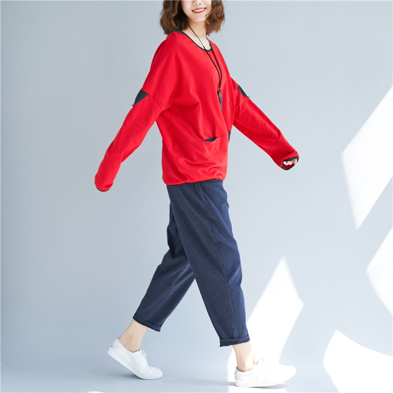 Áo len nữ size lớn mm mùa thu và mùa đông Áo len nữ dài tay phiên bản Hàn Quốc của cổ tròn chạm đáy áo văn học khâu tương phản màu áo thủy triều áo khoác kaki nữ