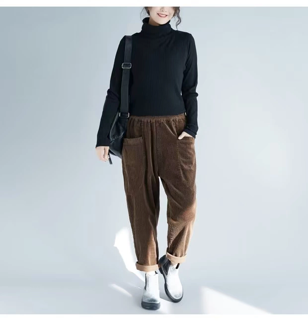 Quần nữ size lớn chất béo mm mùa thu và mùa đông quần cashmere mỏng retro quần nhung kẻ sọc căng quần cà rốt dày