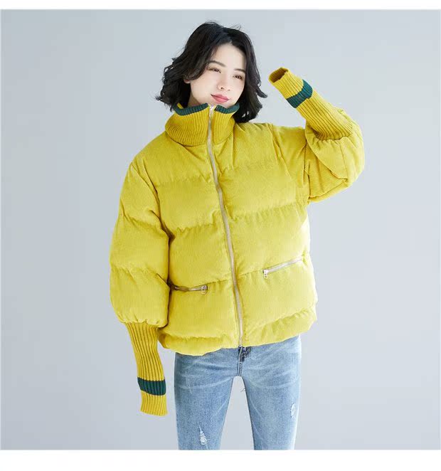 Mùa đông 2018 phiên bản mới của Hàn Quốc với kích thước lớn rộng ngắn cotton dày phù hợp với áo khoác nữ bằng vải nhung kẻ sọc retro áo phao nữ hàng hiệu