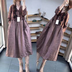 Fat mm waist slimming cotton and linen dress for women spring retro age-reduced temperament floral splicing V-neck-length skirt