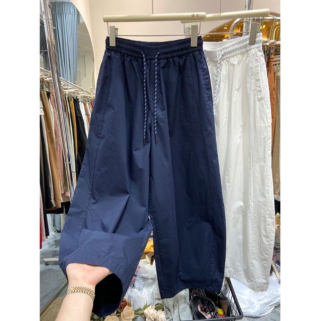 Autumn drawstring elastic waist commuting versatile wide-leg pants for women loose nine-point small person workwear harem dad pants