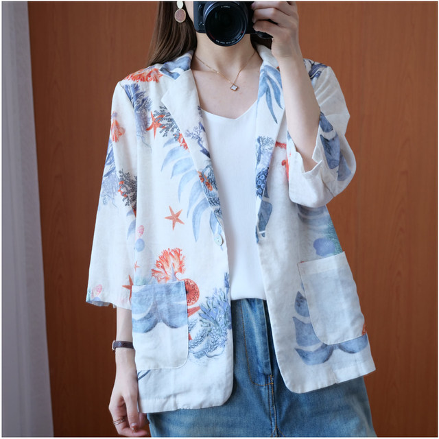 Spring and Autumn Literary Thin Printed Cardigan Jacket Women's Loose Large Size Casual Small Suit Cotton and Linen Three-quarter Sleeve Top