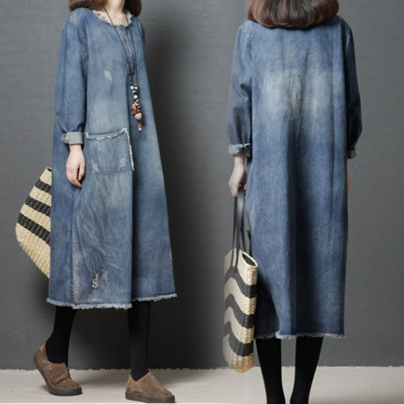 Mùa thu và mùa đông phiên bản mới của Hàn Quốc của chiếc váy denim cổ tròn dài cỡ lớn cỡ trung rộng rãi dành cho nữ thịt Tây Tạng mỏng và váy chữ A cơ sở - A-Line Váy