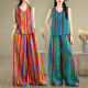 ຂະໜາດໃຫຍ່ Retro ແບບ Rainbow striped cotton and linen suit for women summer style vest casual wide leg pants trousers two piece set