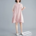 Kích thước lớn mùa hè của phụ nữ lỏng lẻo cổ áo ren ngọt ngào màu tương phản khâu váy ngắn tay trong phần dài là váy chữ A mỏng - A-Line Váy