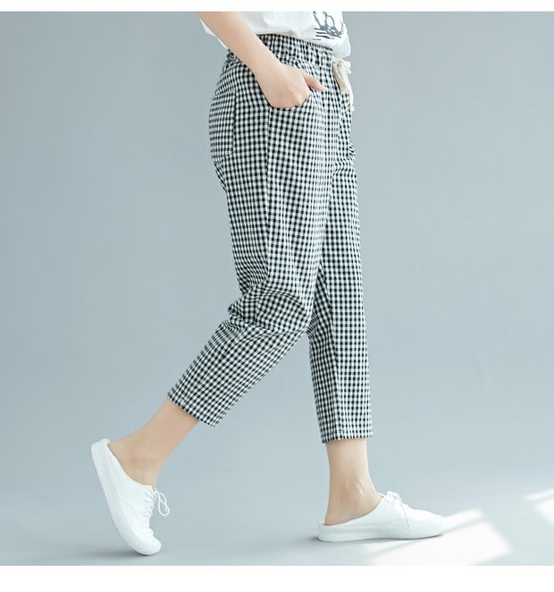 Kích thước lớn của phụ nữ béo MM mùa hè mới đàn hồi eo lỏng cotton kẻ sọc quần harem hoang dã quần mỏng nữ - Quần Harem quần tây nữ công sở
