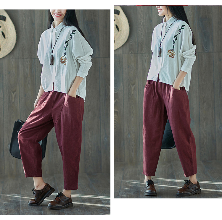 2018 mùa xuân mới văn học quần linen linh hoạt slim lỏng kích thước lớn đàn hồi eo bông và vải lanh chín điểm harem quần quần tây nữ hàn quốc