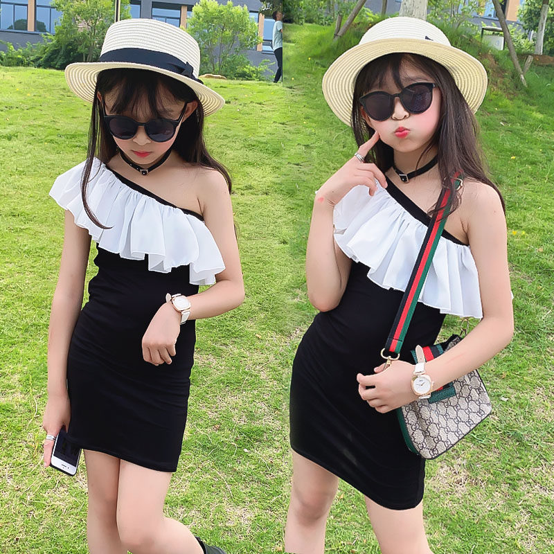 2022 New girl dress children in summer 2022 slope shoulder sling and elastic lotus leaf to roll skirt