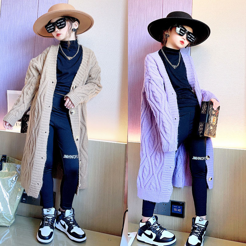 Girl knit sweater jacket 2021 Autumn winter new Korean version Fashion CUHK Knit Cardiovert Jersey long version warm