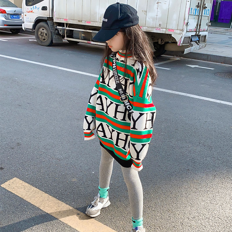 Girl Han Edition Tide Card High Collar Fur Coat Autumn Winter Dress New Foreign Pie Loose tide Large children's headliner with long version of knitted sweatshirt