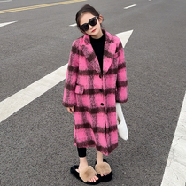 Girls fashionable tartan coat autumn and winter new style girls long coat windbreaker 2023 Korean version big childrens clothing