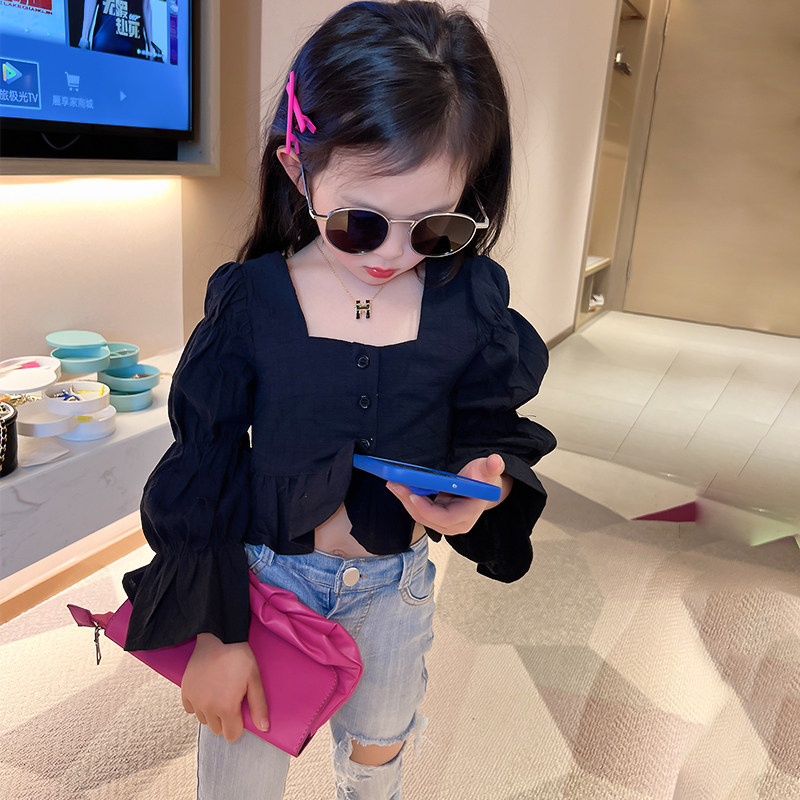 Girls Shirt 2022 Summer Dress New Korean Version Doll Shirt Fashion Foreign Style Long Sleeve Puff Sleeve Tops Bottoms Tide