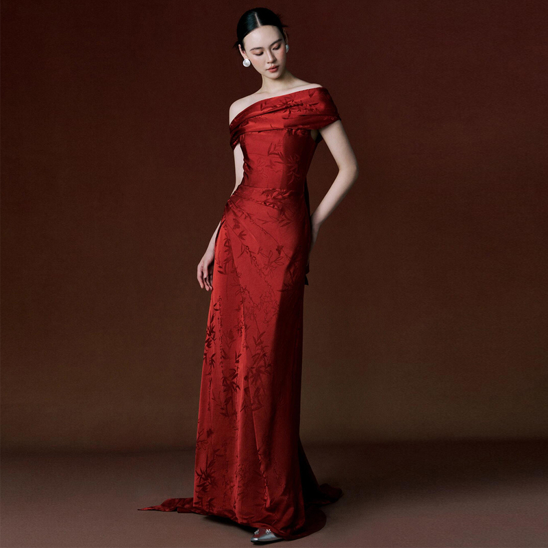 Bridal Toast Dress, Light Luxury, Niche, High-End Morning Robe, Slimming Burgundy Off-Shoulder Elegant Engagement Dress, Homecoming Banquet Dress Bridal Toast Dress, Light Luxury, Niche, High-End Morning Robe, Slimming Burgundy Off-Shoulder Elegant Engagement Dress, Homecoming Banquet Dress