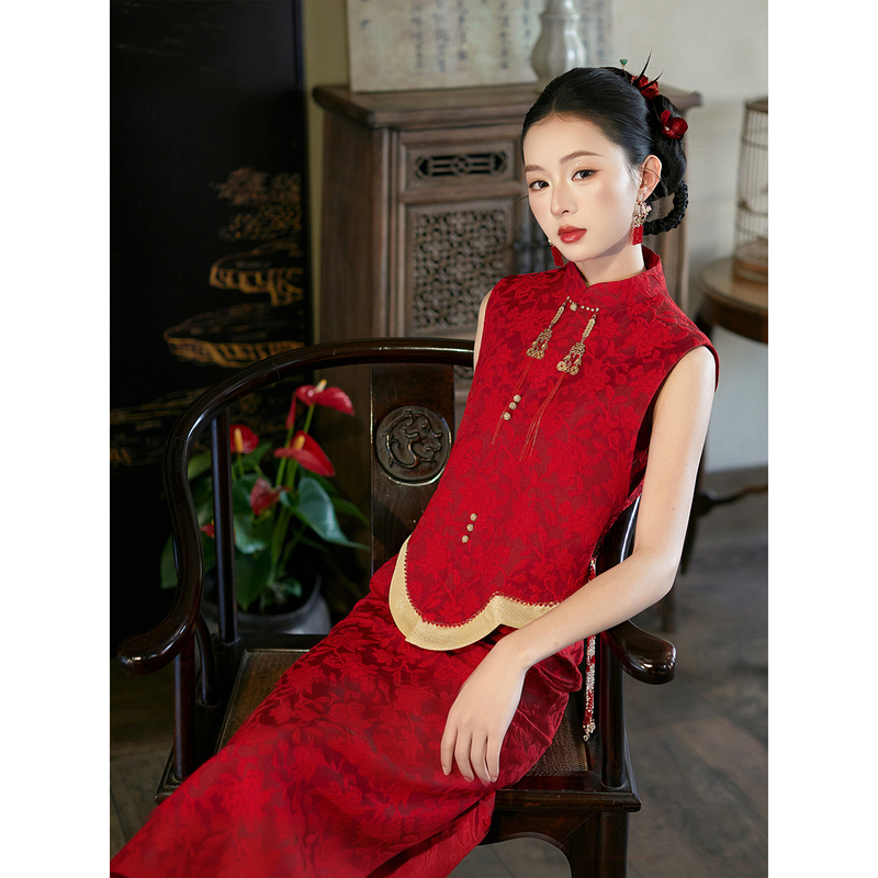 Engagement Dress, New Chinese-Style Improved Qipao Set, Toast Dress, Bridal Morning Robe, Elegant and Stylish, Suitable for Daily Wear and Homecoming