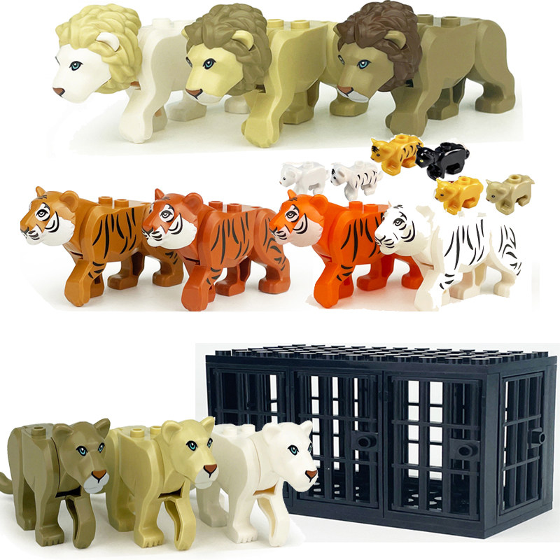 MOC 小型粒子野生動物公園の動物檻、動物囲い、暗室、ライオンとトラの赤ちゃんのおもちゃの組み立てブロック