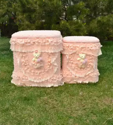 Pink rattan sitting box, sitting stool, clothing storage box, shoe stool, storage stool, storage stool, European-style Korean lace