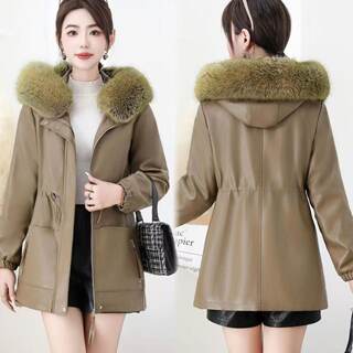 Large fur collar jacket plus velvet fashionable mid-length leather jacket