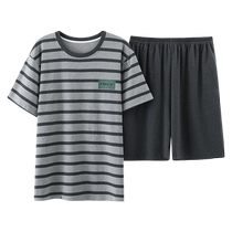 Catman 2024 new pure cotton pajamas mens summer short-sleeved trousers mens pullover round neck home wear suit mens style