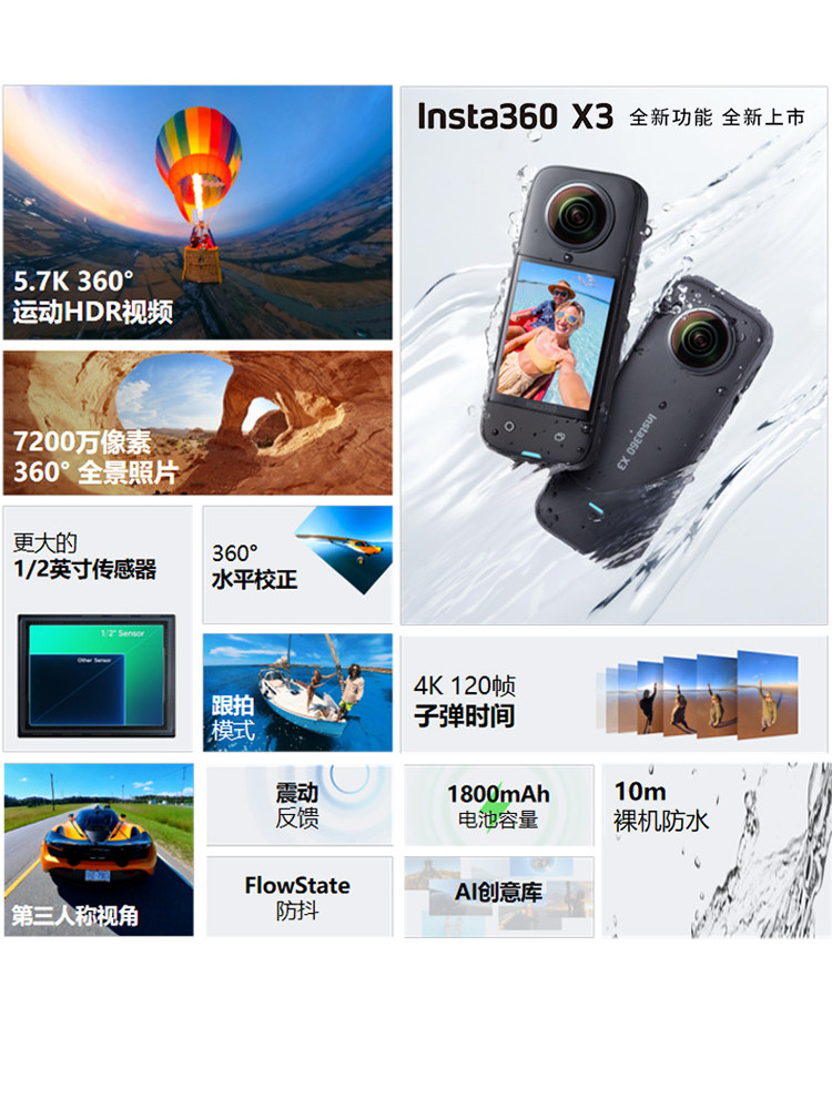 Shadowstone Insta360 X3/X4Air/X5 Panoramic Anti-Shake Action Camera 360-Degree Cycling and Skiing Camera
