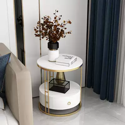 Light luxury Bedside Table Rock board double-layer small storage cabinet rack simple modern bedroom bedside round lockers