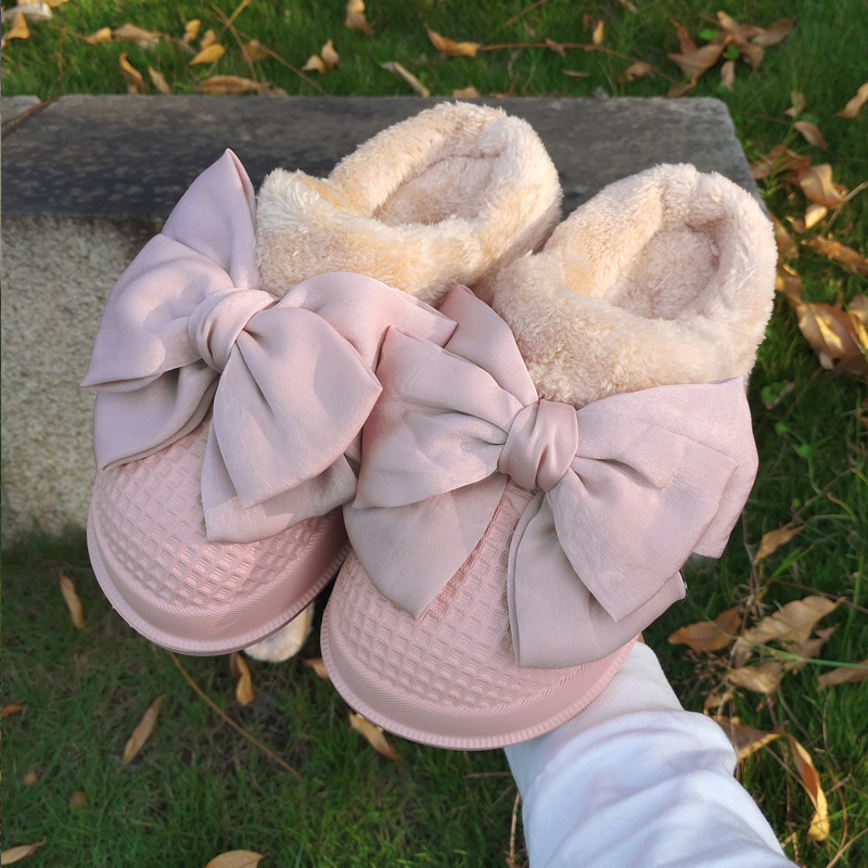 Bow cotton slippers women's winter waterproof office interior home warm non-slip removable plus fleece slippers to wear