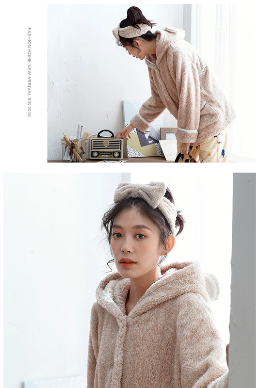 [Fold] mùa đông cha mẹ-con ấm áp flannel đồ ngủ nữ trùm đầu dày cô gái san hô lông cừu nhà dịch vụ đồ bộ mặc nhà bằng vải thun