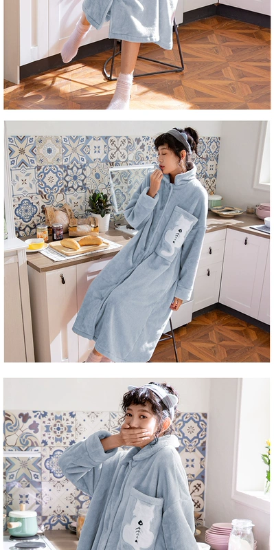 Có thể là đồ ngủ trẻ em phụ nữ mùa đông dày san hô lông cừu áo choàng ấm flannel áo choàng tắm dịch vụ nhà áo ngủ áo choàng ngủ dài nữ
